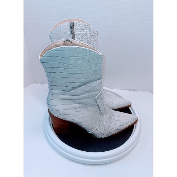 White Faux Crocodile Leather Ankle Boots With Side Zipper & Block Heel Size 9 - Picture 3 of 8